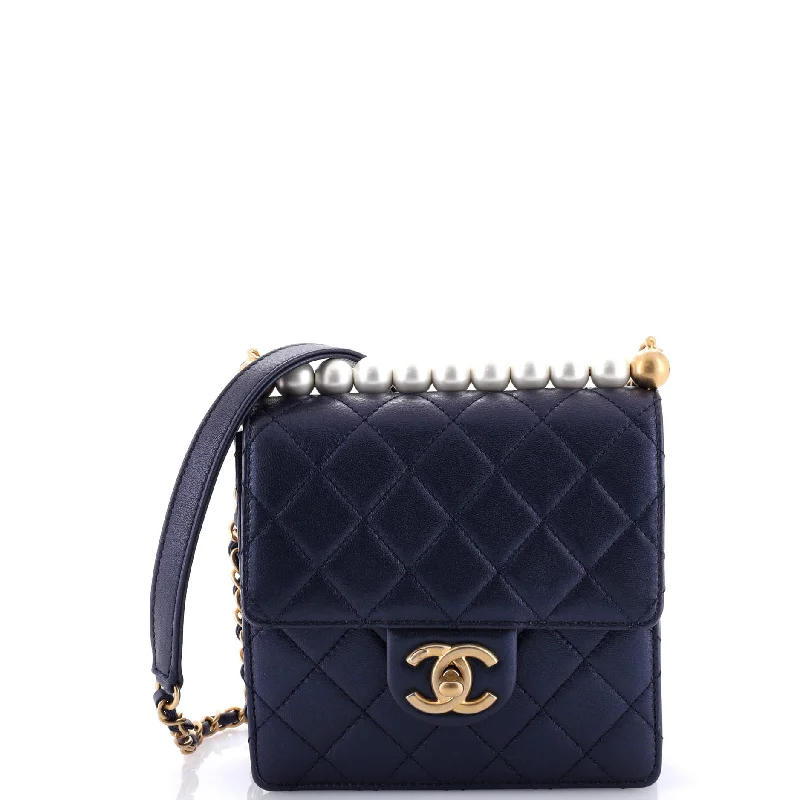 Chanel Handbag with Adjustable Strap for ComfortChic Pearls Flap Bag Quilted Goatskin with Acrylic Beads Mini