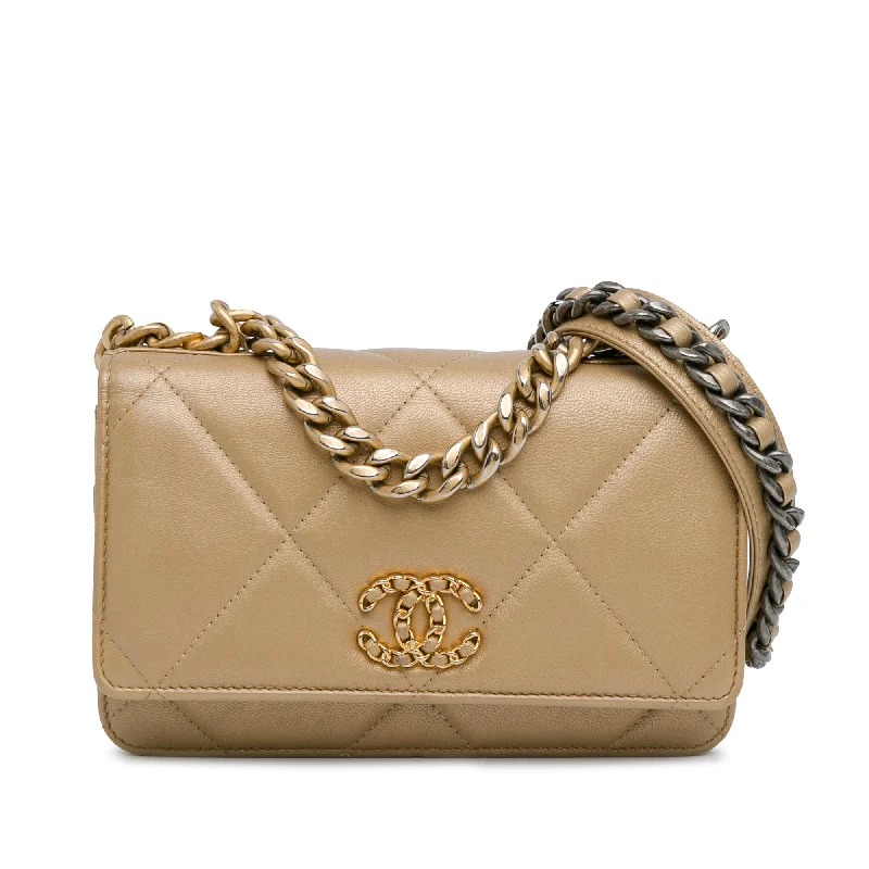 Chanel Designer Handbag with Unique DesignGold Chanel Quilted Lambskin 19 Wallet on Chain Crossbody Bag