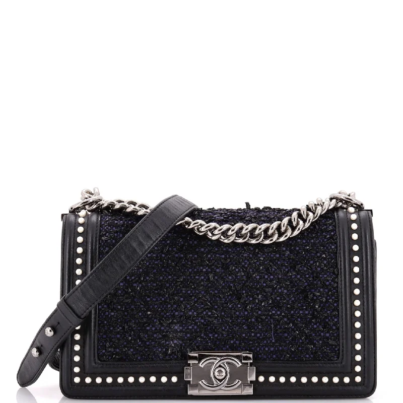 Chanel Small Crossbody Bag for TravelBoy Flap Bag Quilted Tweed with Pearl Embellished Calfskin Old Medium