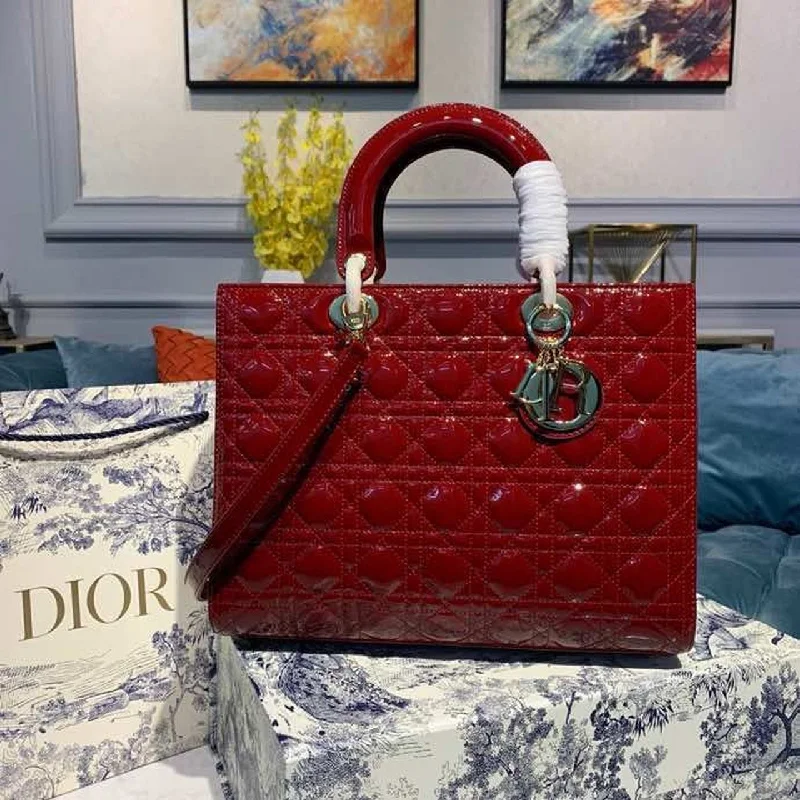 Contemporary Christian Dior handbags with a unique shapeChristian Dior Large Lady Bag Gold Toned Hardware Cherry Red Patent For Women 12.5in/32cm