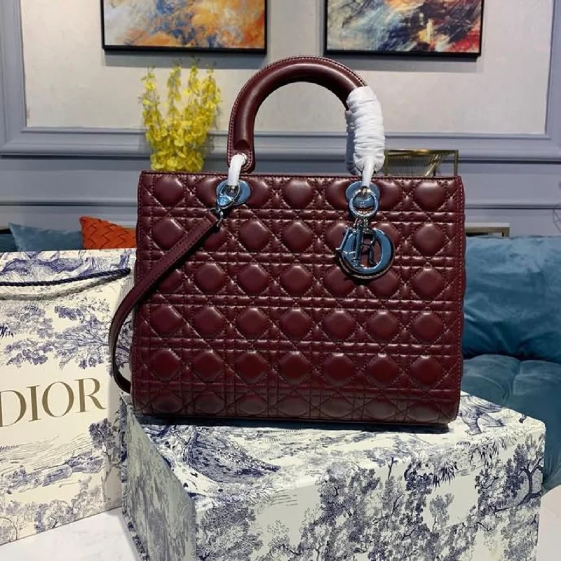 Contemporary Christian Dior handbags with a unique shapeChristian Dior Large Lady Bag Silver Hardware Burgundy Cannage