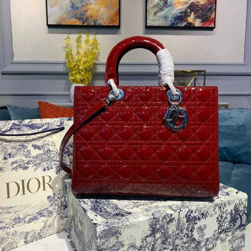 Christian Dior backpacks with a sleek, minimalist silhouetteChristian Dior Large Lady Bag Silver Hardware Cherry Red Patent