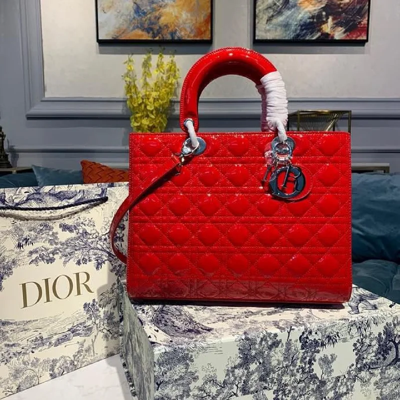 Christian Dior Saddle bags with a studded trim for a bold lookChristian Dior Large Lady Bag Silver Hardware Red Patent For Women 12.5in/32cm