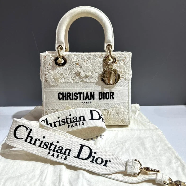 Christian Dior tote bags with a double - handle and shoulder - strap optionChristian Dior Lady Dior White Embroidered Mini Bag